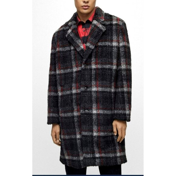 New Mens Hugo Boss Teddy Plaid Coat Wool-Blend Size Large - Picture 1 of 12